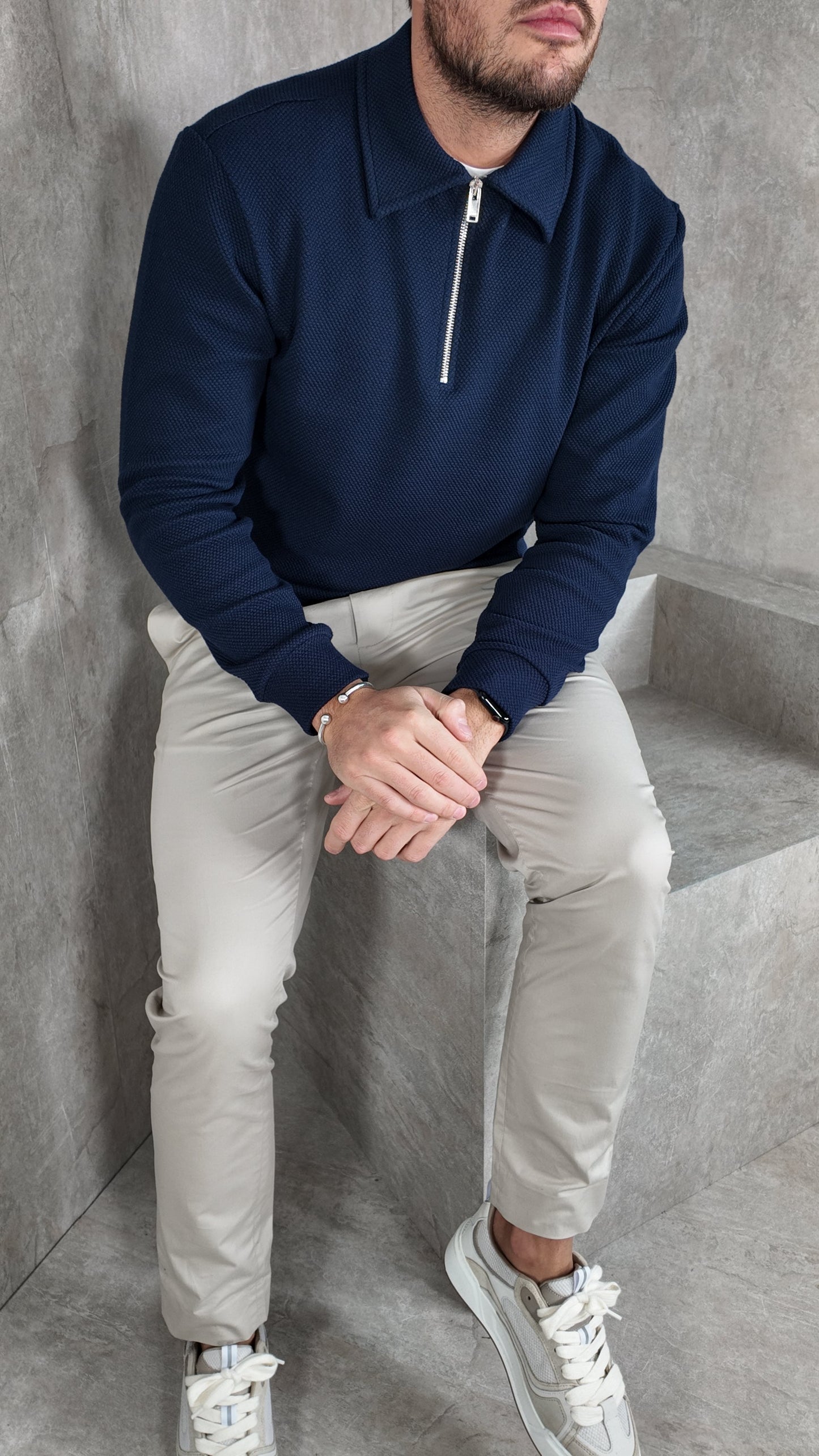 Textured WAFFLE LONG SLEEVE POLO NAVY